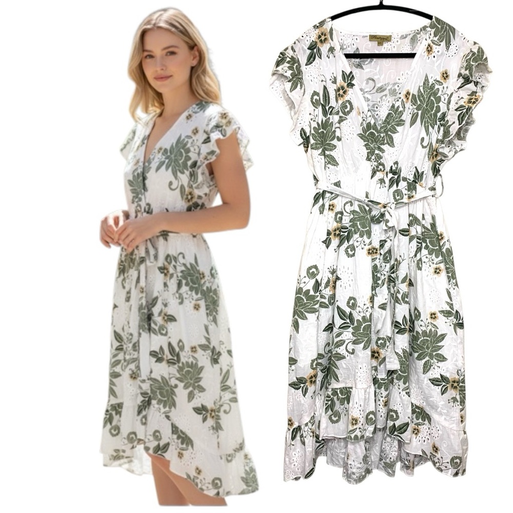 Positano White Eyelet Green Floral Dress M/L High Low Ruffle Hem Feminine Coast